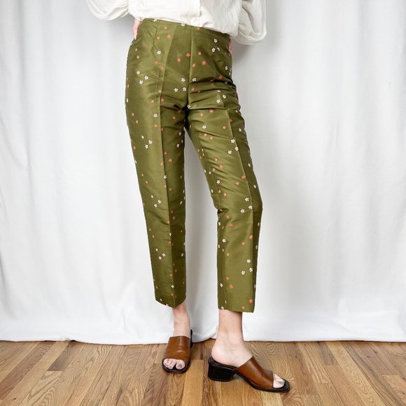 Vintage 100% Silk Embroidered Floral High Waisted Straight Slim Trouser Pants 4 - Picture 1 of 6